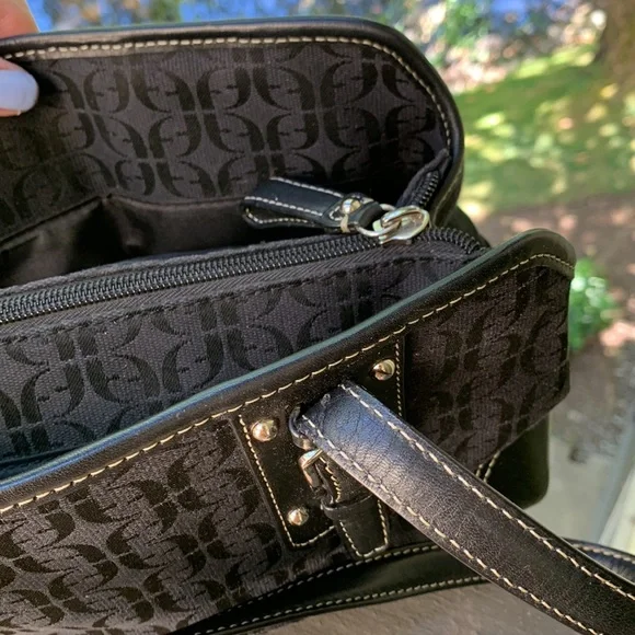 Vintage Fossil Shoulder bag large black leather canvas silver hardware Y2K - Picture 10 of 15